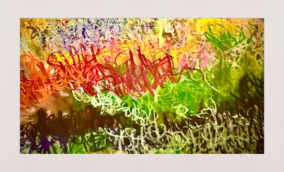 Colorful abstract painting with vibrant swirls and textures in red, green, yellow, and purple.