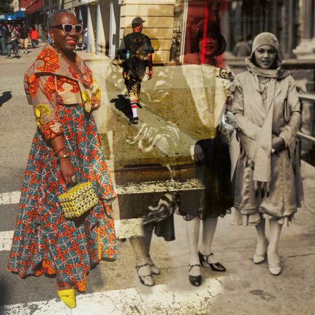 Harlem Ladies A woman in a colorful dress stands next to historical black-and-white figures in an urban setting.