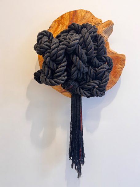 Black rope twisted into a knot, mounted on a wooden circular base.