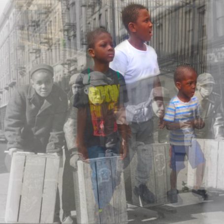 Lil Fellas Three boys walking superimposed over historical photos of boys playing with crates and urban scenery.