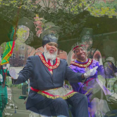 King and Queen A couple in traditional lodge costumes riding in a car float for a Harlem parade layered over historical images.